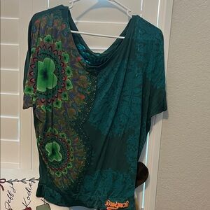 Desigual Teal and Green Floral Short Sleeve Top